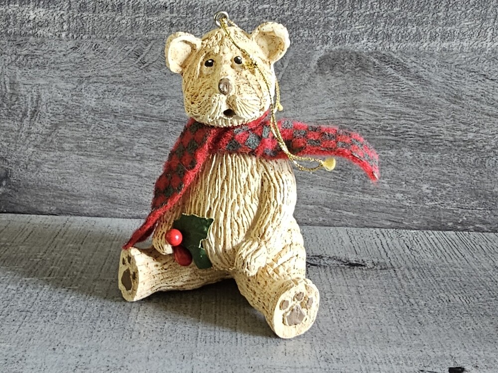 Tan Bear w Scarf Christmas Holiday Tree Hanging Ornament Resin Cabin Decor G23g